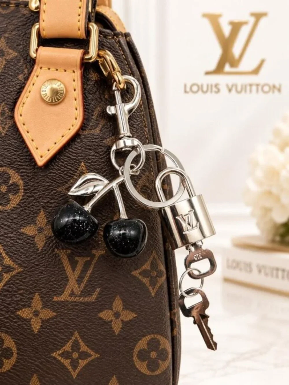 LV Silver Padlock 🔑 Authentic Louis Vuitton Charm + Unbranded Cherry Keychain